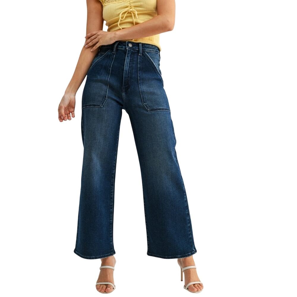 Just Black Dark Wash Indigo Patch Pocket Wide Leg Ankle Jeans